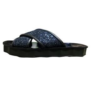 L. Autre Chose Black Leather Blue glitter Criss Cross Sandals Slides Italy 38.5